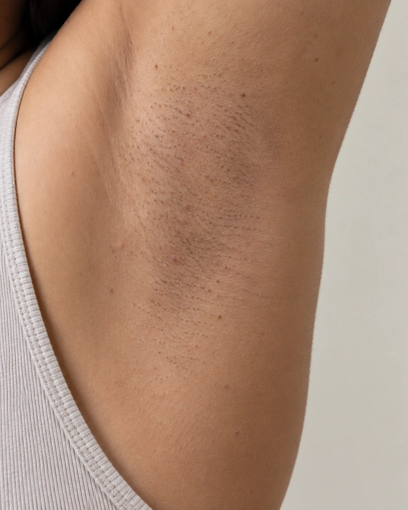 After 6 weeks: the same underarm with fewer prominent bumps and smoother-looking texture while natural stubble remains visible.