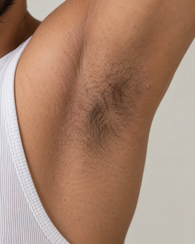 Before: close-up of an illustrative male model's underarm showing natural hair, dryness and uneven-looking skin texture.