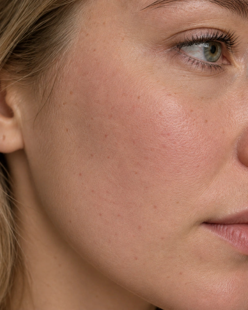 After 8 weeks: the same cheek appearing calmer and smoother while natural pores, fine facial hair and colour variation remain visible.