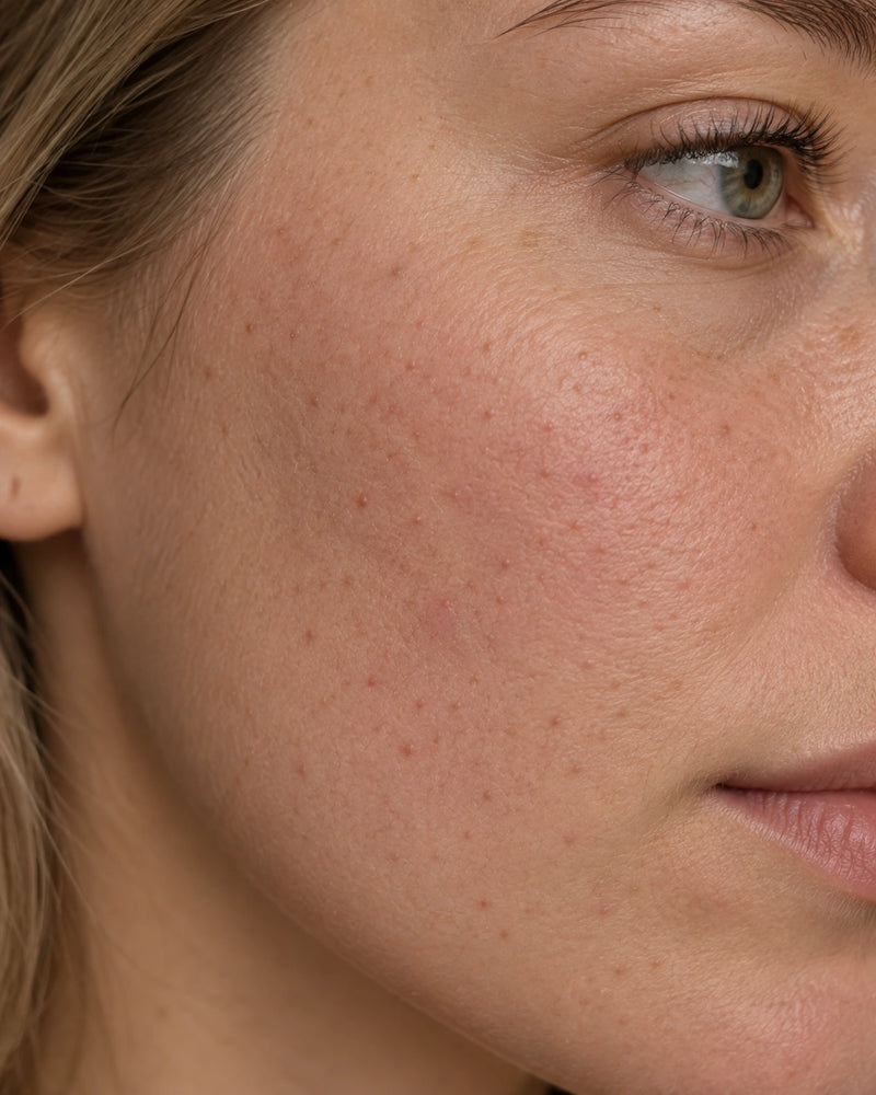 Before: close-up of an adult illustrative model's cheek showing mild follicular roughness, visible pores and diffuse natural redness.