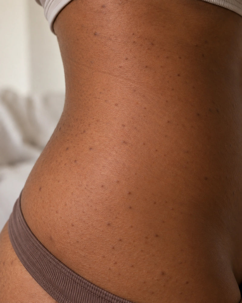 After 10 weeks: the same hip and flank appearing softer and smoother with fewer raised follicles while natural pigmentation and skin texture remain visible.