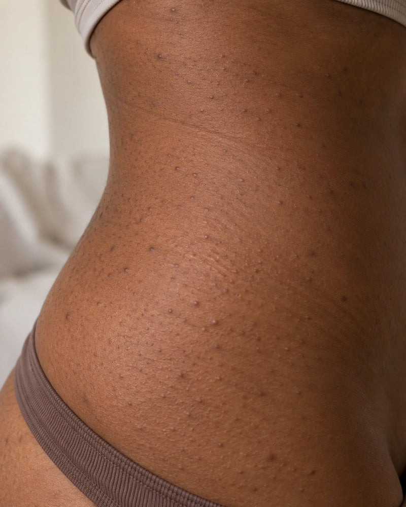 Before: close-up of an adult illustrative model's side hip and flank showing dry skin, raised follicular texture and scattered darker marks.